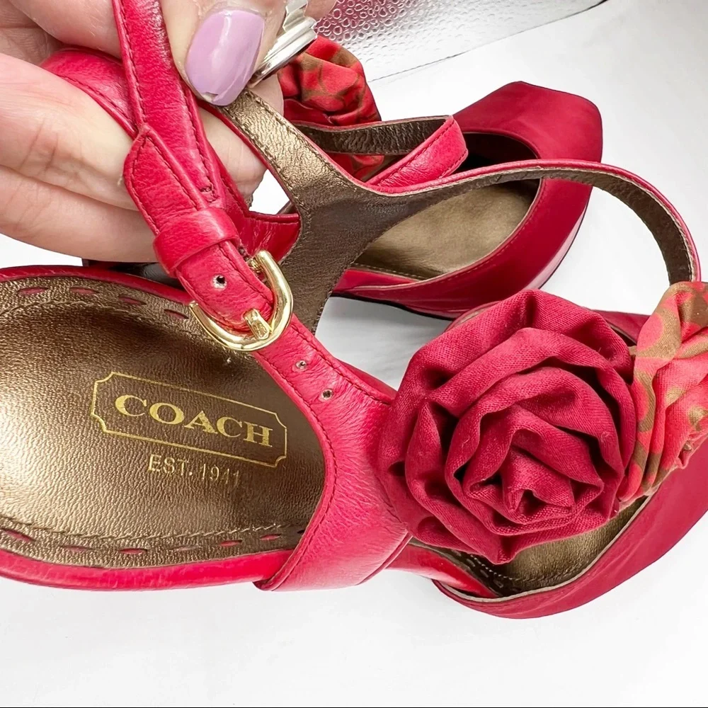 Coach Addysen Red Leather & Silk Rosette Heeled Peep Toe Shoes, Size 9.5B (Med)